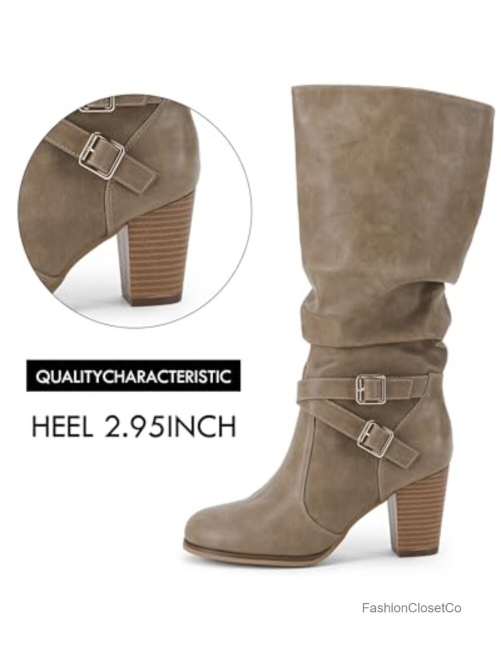 Faux Leather Mid Calf Chunky Heel Slouchy Boots Side Zipper Women Winter Shoes - Picture 4 of 6